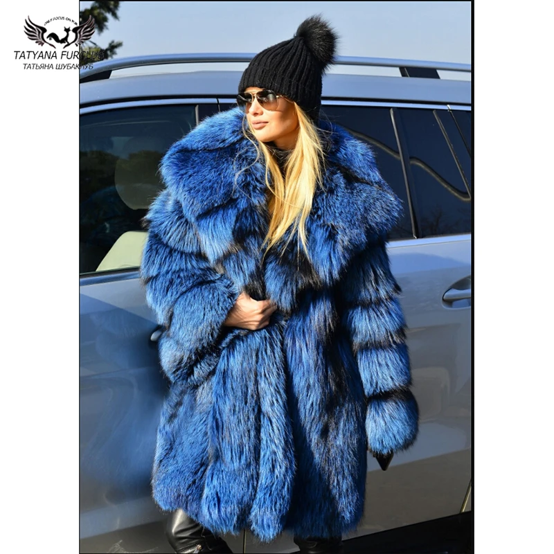 Fashion Royal Blue Natural Fox Fur Coat With Hood Thick Warm Winter 2022 New Luxury Genuine Silver Fox Fur Coat Woman Overcoats