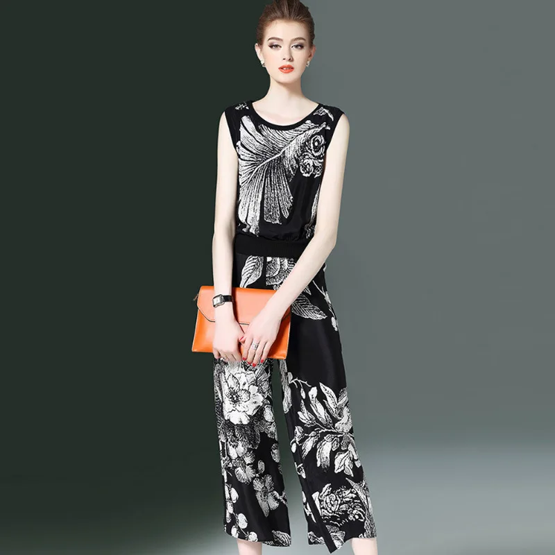 2018 новые летние из двух частей куртка без рукавов принт Повседневное брюки Для