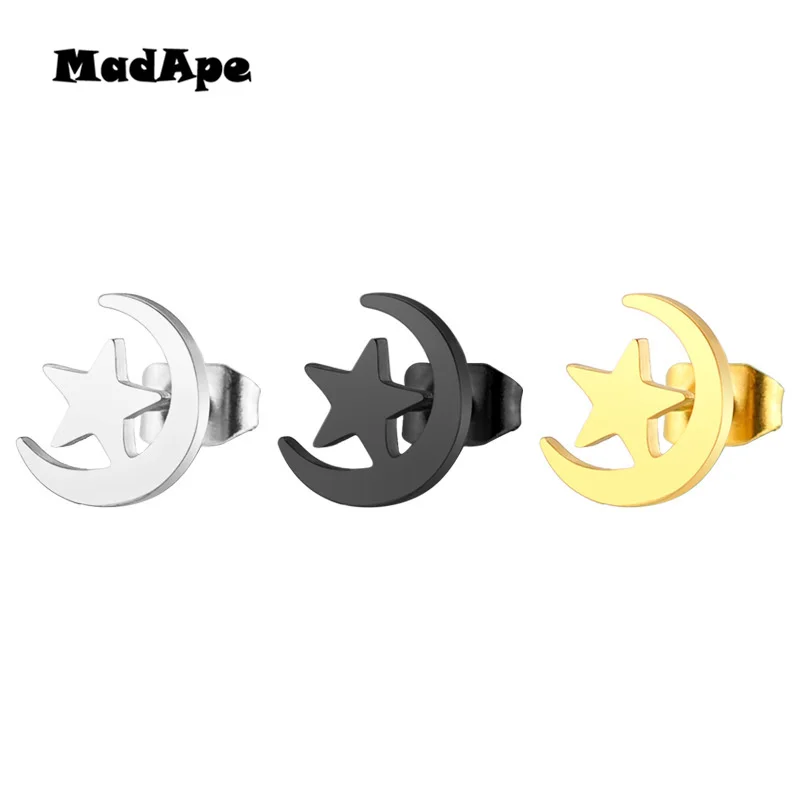 

MadApe New Fashion Star Moon Stud Earrings 2019 Stainless Steel Earrings For Women Earrings Gold Silver Color Black Color Earing