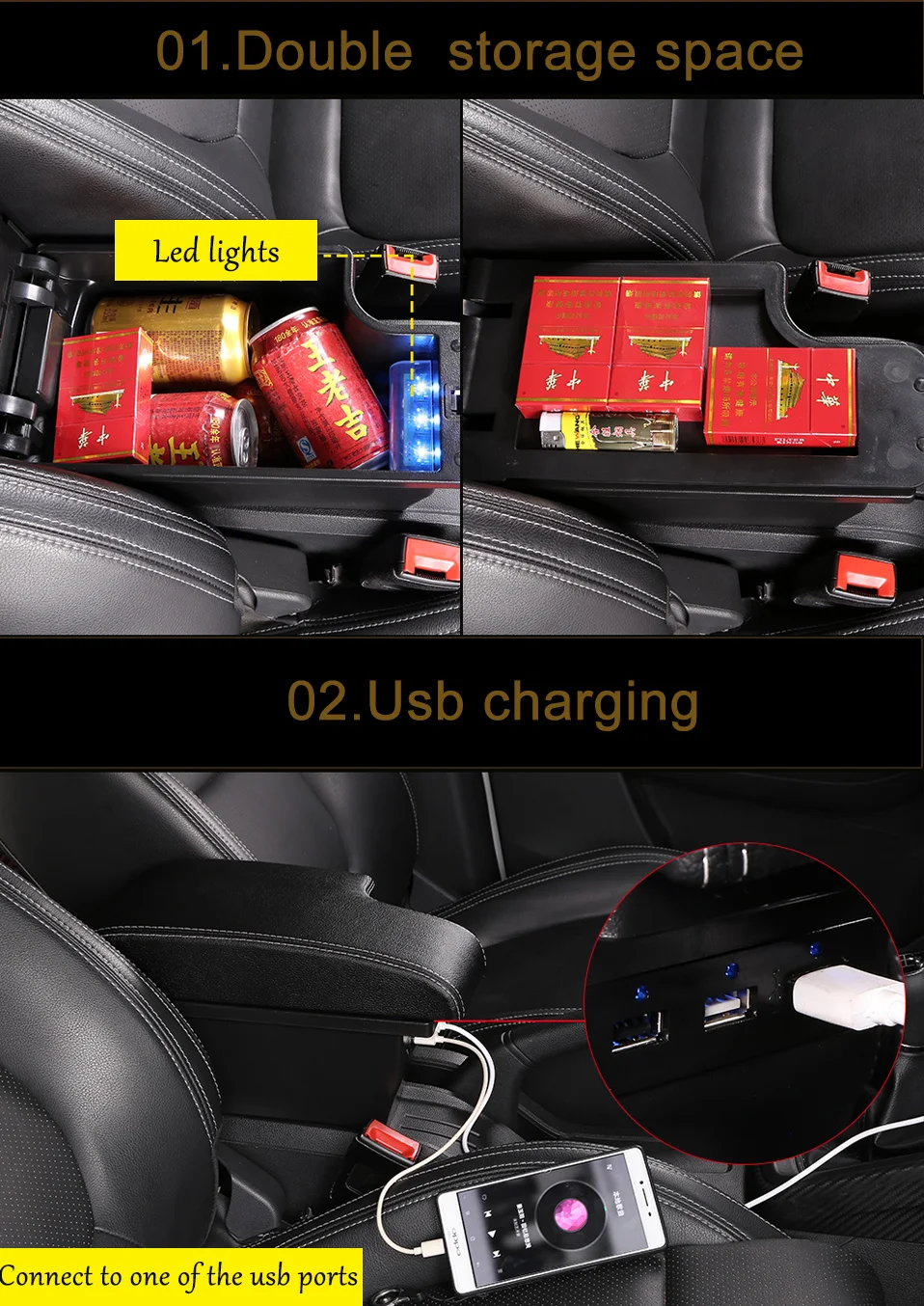 for MG ZS armrest box universal car center console caja modification double raised with USB No assembly