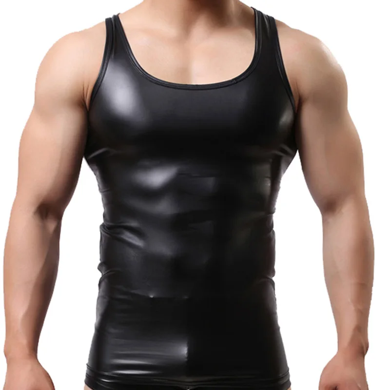 

Men Faux Leather Undershirt Shiny Tank Tops Sleeveless Nightclub Gay Sissy Dance Perform Stage Costumes Slim Fit Muscle Vest