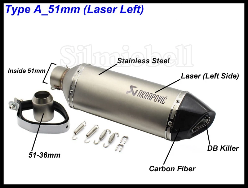 A-51mm (Laser Left) Универсальный мотоцикл выхлопной модифицированный Akrapovic глушитель FZ6 CBR250 CB600 MT07 ATV Dirt Pit Bike выхлопной вход 51 мм 61 мм - Color: A-51mm (Laser Left)