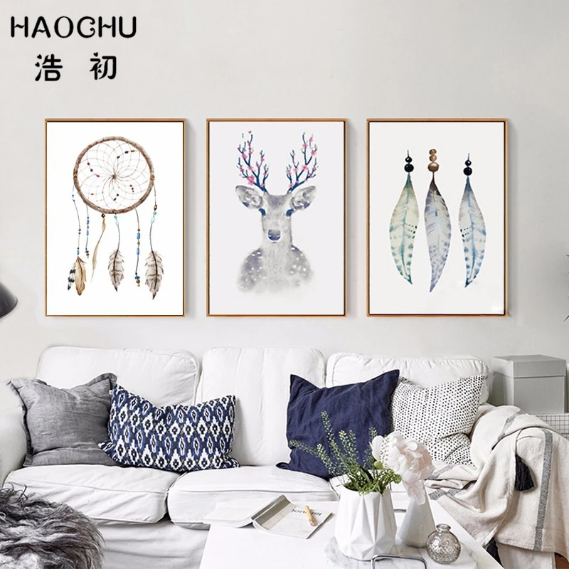 

HAOCHU Vintage Ethnic Dream Catcher Colorful Feather Decorative Pictures Animal Deer Portrait Simple Canvas Painting Home Decor