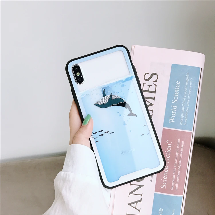 Милый синий кит чехол для телефона для iphone X чехол s для iphone XR XS Max 6 6S 7 8 Plus жесткое стекло прозрачный полный защитный чехол - Color: Black