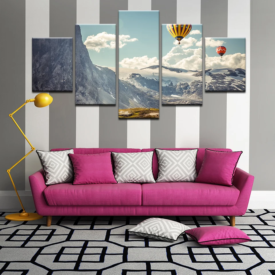 5 панелей воздушные шары Горячие Снежный Горный пейзаж печатная Картина на