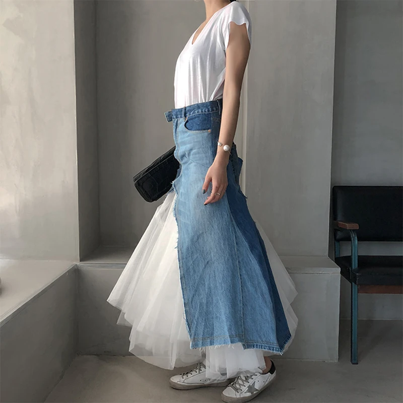 TWOTWINSTYLE, хит, цветная, сетчатая, Лоскутная, Женская юбка, высокая талия, тонкая, деним, линия, миди, юбки, женская мода, весна, повседневная, Новинка