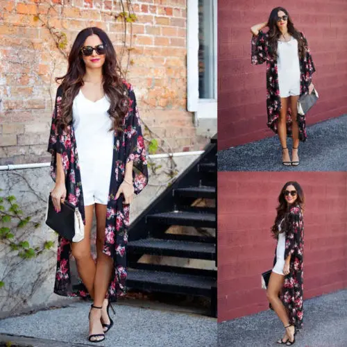 Женское пляжное кимоно с цветочным принтом свободное шифоновое пальто-Топ