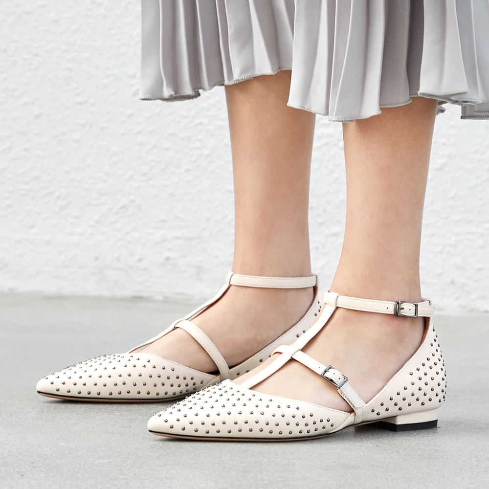 

Meotina Summer Flats Women Shoes Natural Genuine Leather Rivets Flat T-Strap Shoes Buckle Pointed Toe Shoes Female Size 33-40