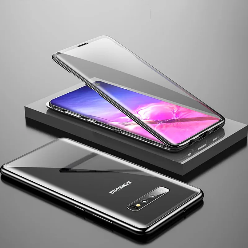 360 полная защита передний и задний Чехол из закаленного стекла для samsung Galaxy S10 Plus Роскошный Алюминиевый металлический магнитный чехол-бампер - Цвет: Черный