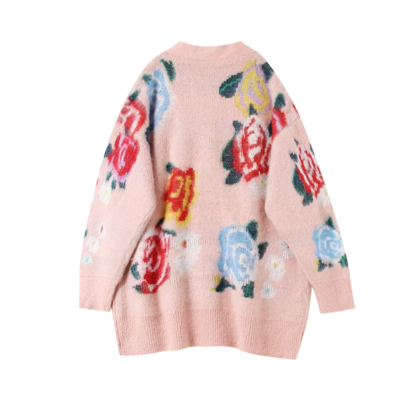 7Mang 2019 Spring Vintage Flower Sweater Women Long Sleeve Pink Black Korean Loose Harajuku Party Knit Cardigans 0102 |