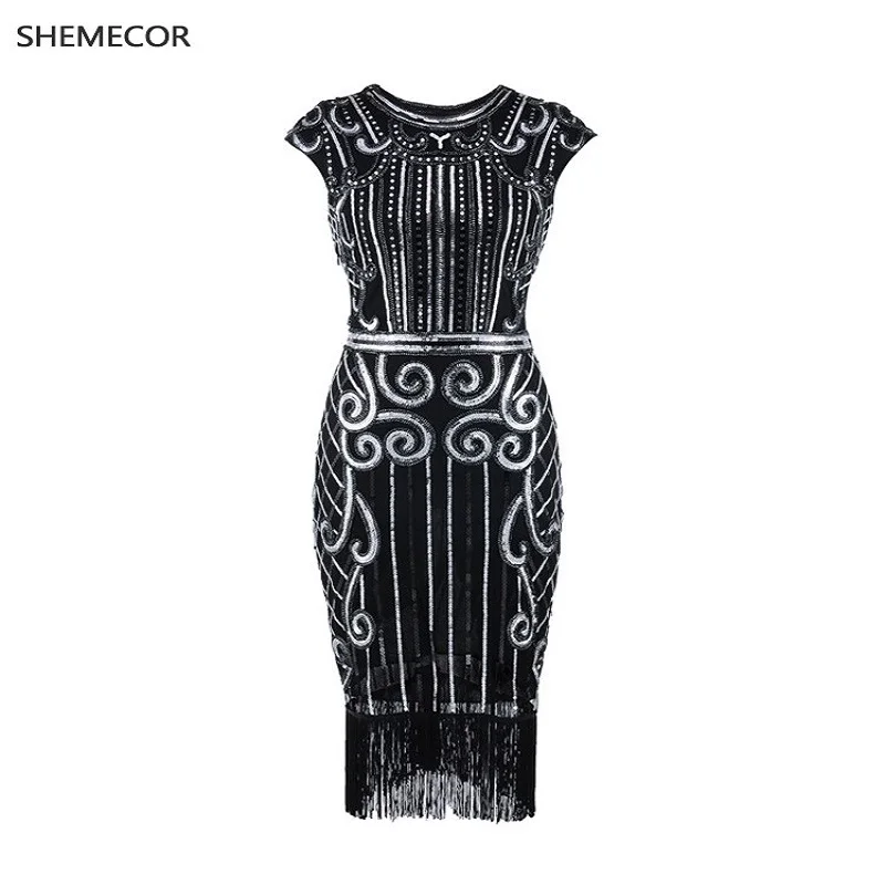 SHEMECOR 1920s Great Gatsby винтажные платья, расшитые блестками и бисером, с круглым вырезом, темно-зеленые, с бахромой, с кисточками, с шипами, шикарные платья, вечерние, для клубных танцев - Цвет: 04