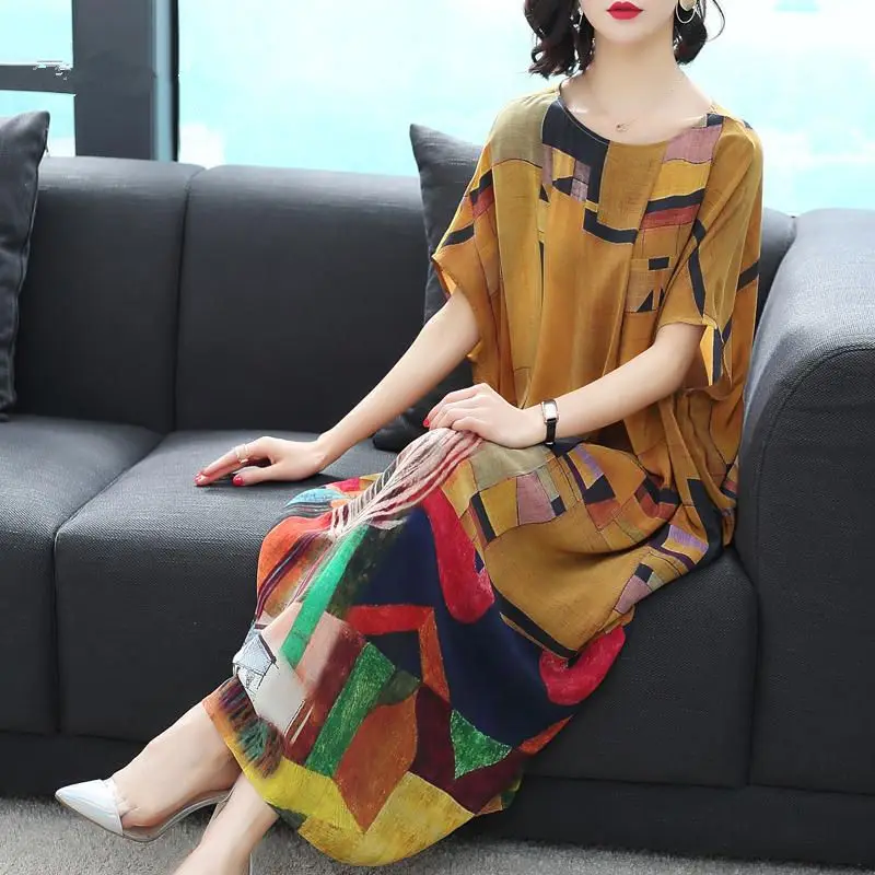 

Imitate Real Silk Dress 2018 New Summer Autumn Sweet Women Dress Lady's Loose Print Casual Clothes Lady's Evening Party Dress