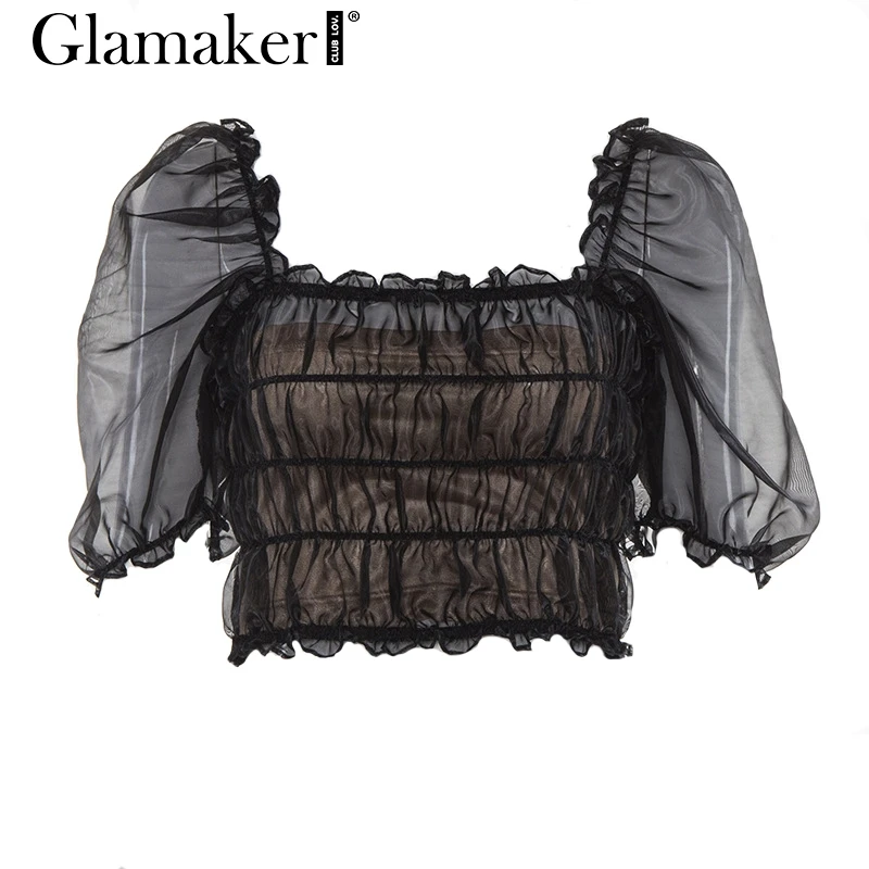 Glamaker, черные сетчатые летние сексуальные топы с оборками и квадратным вырезом, женские короткие топы с пышными рукавами, женские прозрачные вечерние клубная блуза, Топ
