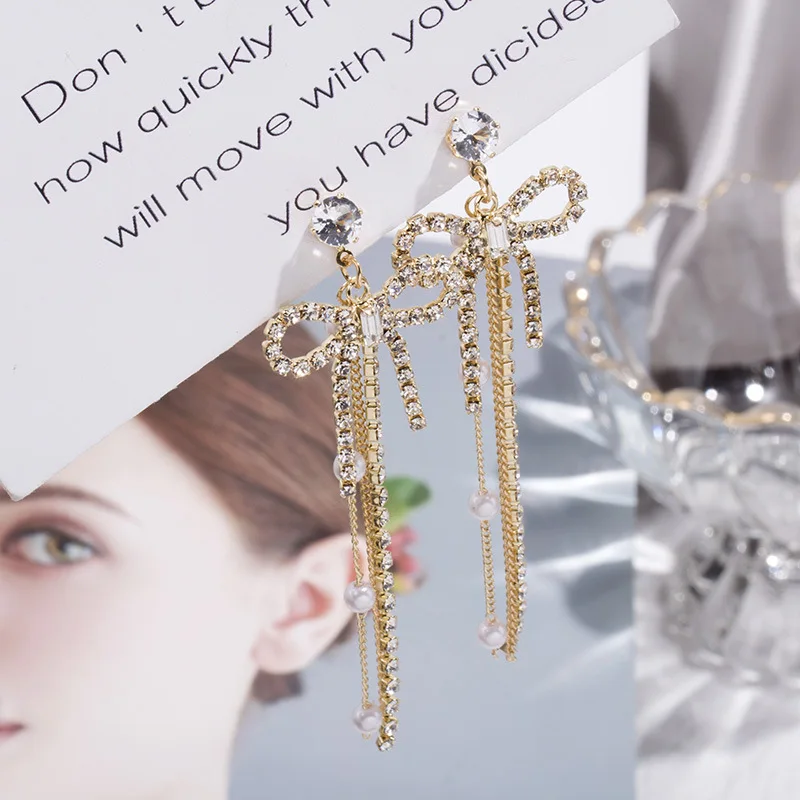 Женские Висячие серьги с бантом богемные кристаллами и жемчугом | Украшения