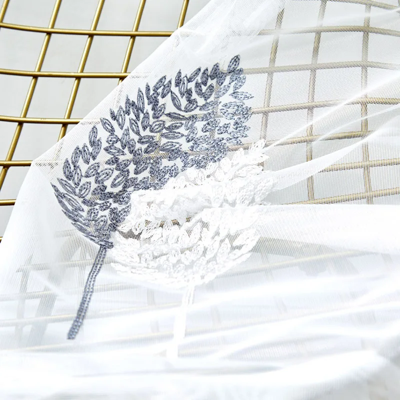 Шторы с вышитыми серыми листьями тюлевые шторы для гостиной белая прозрачная