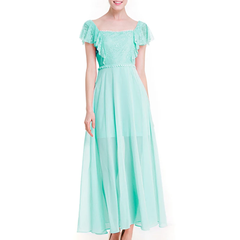 CINQ DIAMANTS Pink Green Maxi Long Dress Swing Sweet Chiffon Ruffles Sundress Square Collar Patchwork longue robe | Женская одежда