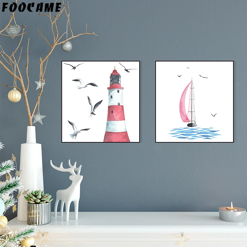 FOOCAME Sea Marine life Fish Sailboat lighthouse Canvas Painting Nordic Poster Wall Art Print Decoration Pictures Living Room | Дом и сад