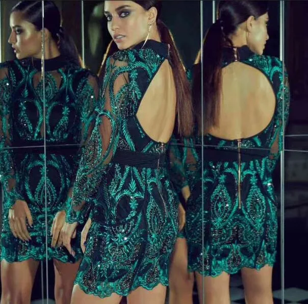 Сексуальное зеленое Бандажное платье с длинным рукавом и открытой спиной