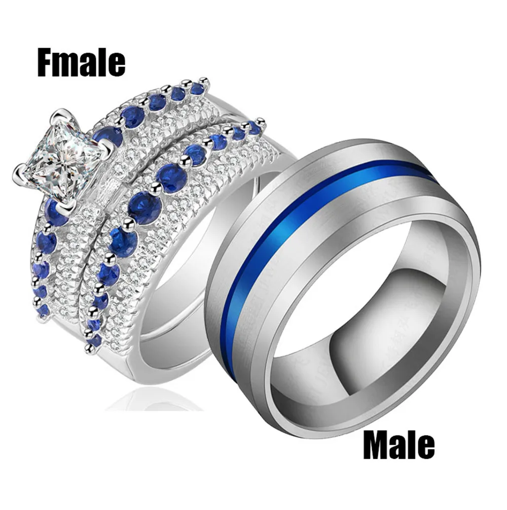 Black Silver Engagement Wedding Couples Ring Set Womens 2pcs Princess White CZ Blue Mens 316L Stainless Steel Jewelry - Цвет основного камня: Couple Silver