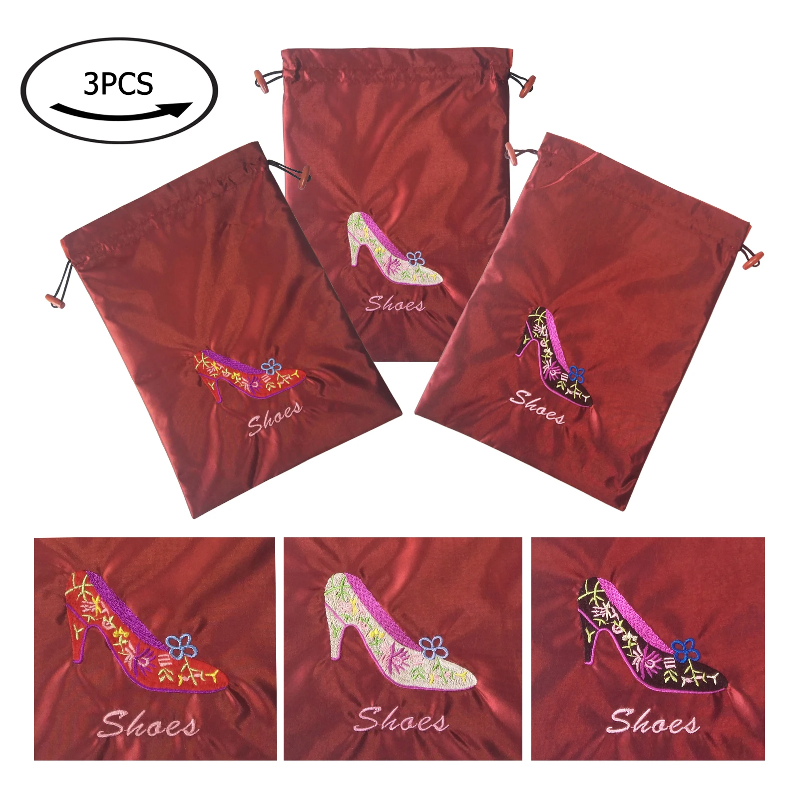 

One Pack (3 Pieces) 10.5" x 14" (L x W) Embroidered Silk Jacquard Travel Lingerie and Shoes Bags with Drawstring Closure SHB-3WR