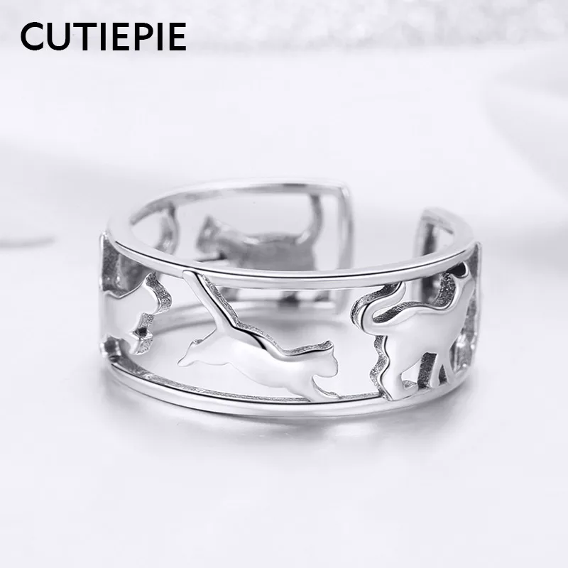 CUTIEPIE Настоящее серебро 925 пробы с животными счастливые кошки кольца для женщин