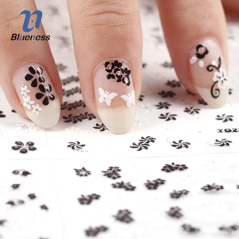 Blueness стикеры 3D на ногти Nail Art Красота лето 24 дизайн белый черный цветок Фольга