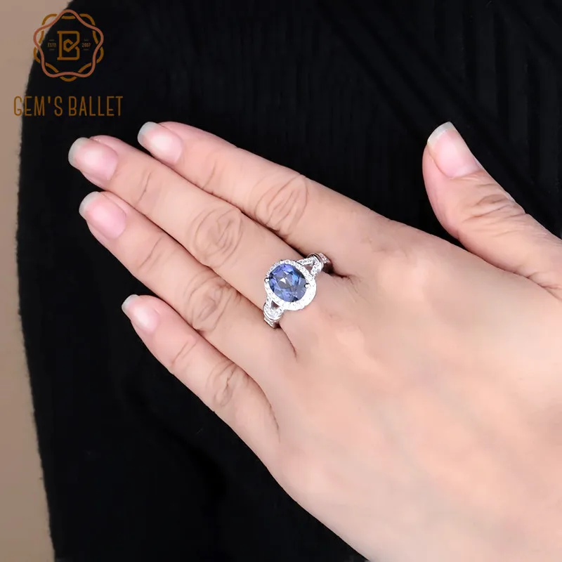 

GEM'S BALLET 2.36Ct Oval Natural Iolite Blue Mystic Quartz Ring 925 Sterling Silver Gemstone Ring for Women Wedding Fine Jewelry