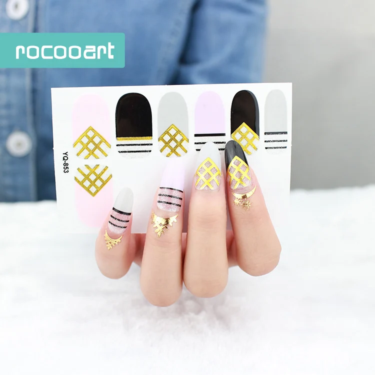 Rocooart YQ852 867 металлические золотистые наклейки для ногтей черные Серебряные