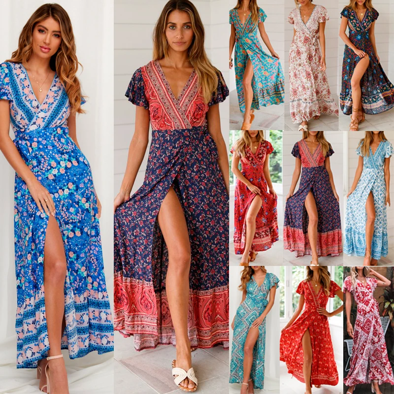 Женское длинное платье-макси с v-образным вырезом и коротким рукавом на лето 2019 |
