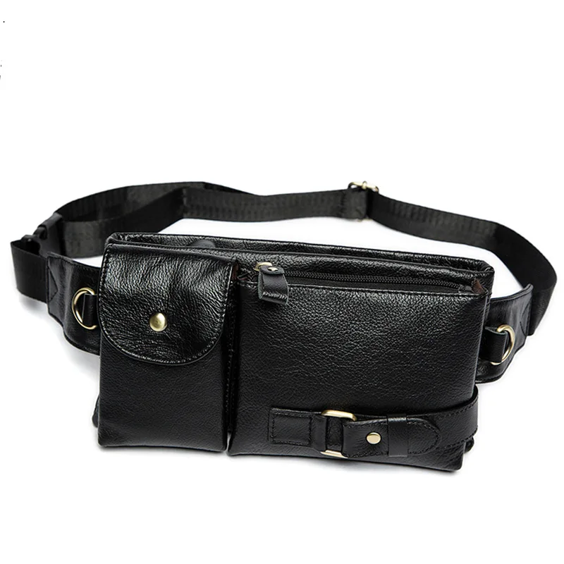 black MVA Casual Men Waist Pack Genuine Leather Men`s Chest Bag Men Leather Messenger Bag Cow Leather Coin Purse Bags - Цвет: black