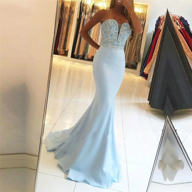Blue Sexy Evening Dress 2021 Beading Mermaid Prom Dresses Womens Pageant Plus Size Formal Party Vestido De Festa Robe Soiree | Свадьбы и