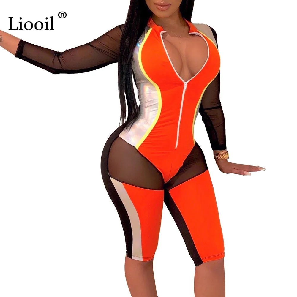 Оранжевый Liooil лоскутное из ПУ-сетки обтягивающие сексуальные комбинезоны для женщин длинный рукав молния цвет блок вечерние Клубные Комбинезоны женские s комбинезон - Цвет: Оранжевый