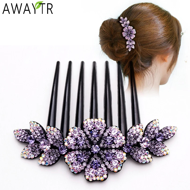 

AWAYTR Crystal Rhinestones Flower Hair Combs Clip Vintage Hairpins Bridal Wedding Headdress Women Hair Accessories Disk Headwear
