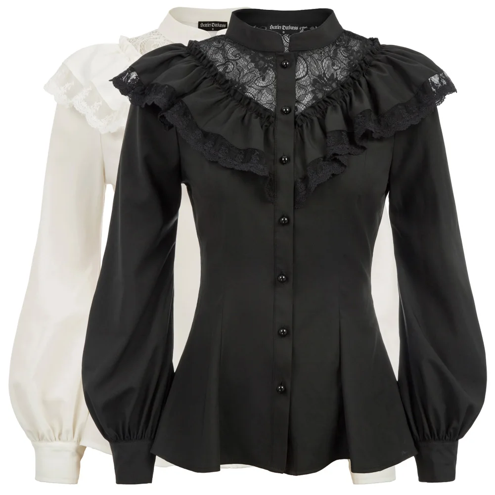gothic shirt Women vintage blouses spring fall ladies Renaissance Long Sleeve Stand Collar Ruffle Decorated Shirt clubwear Tops