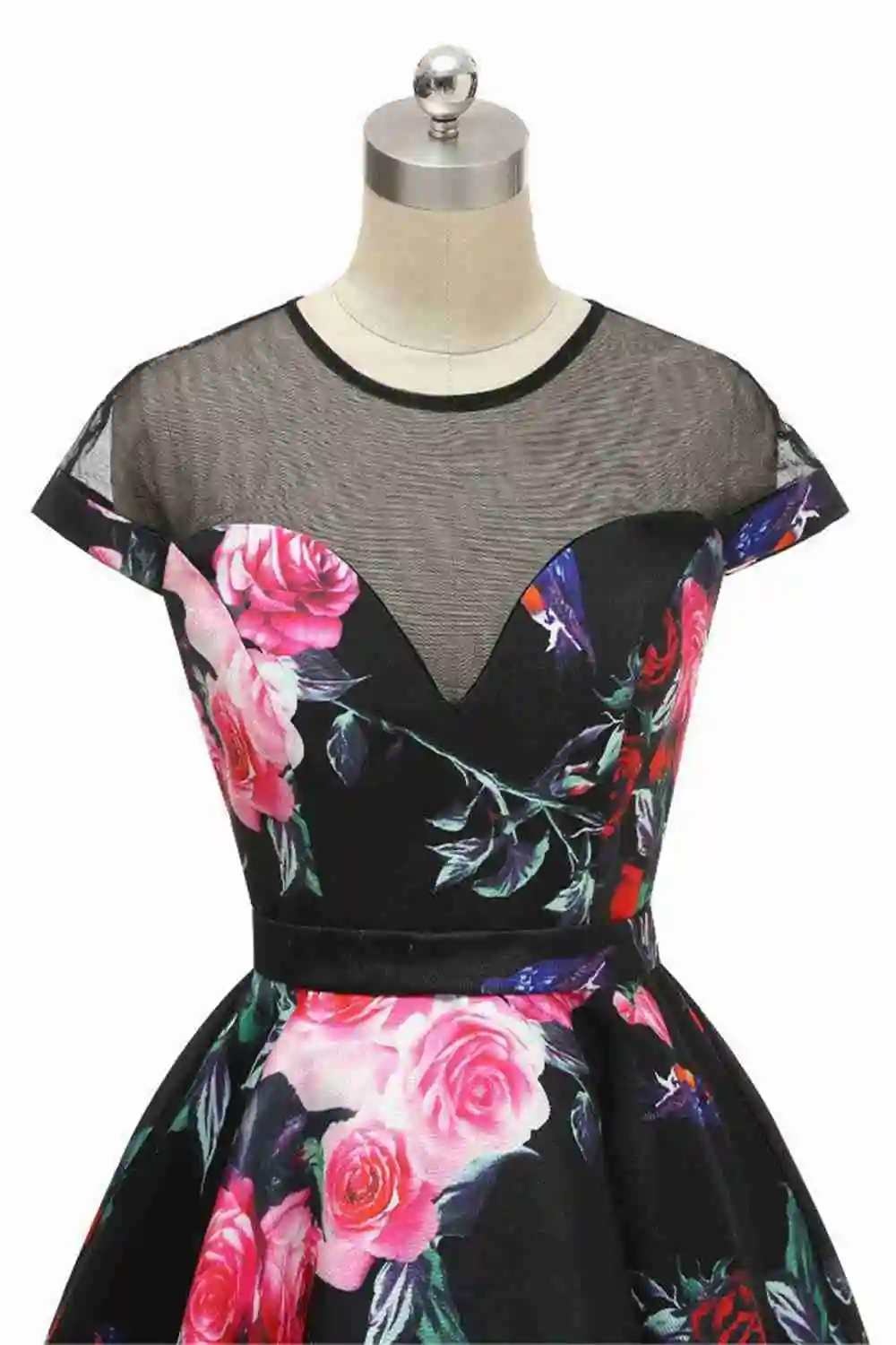 Fashion Pink Rose O-Neck Evening Dresses Flower Print Valentine's Day Dress Short A-Line Black Illusion Tulle Formal Party Gowns | Свадьбы