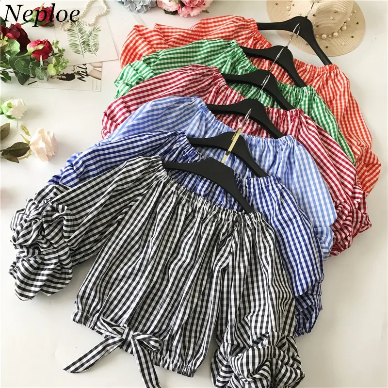 Neploe Korean Fashion Plaid Women Shirts New Arrivals Sexy Slash neck Bow Lace Up Blouse Long Sleeve Casual Female Blusas 66876 |