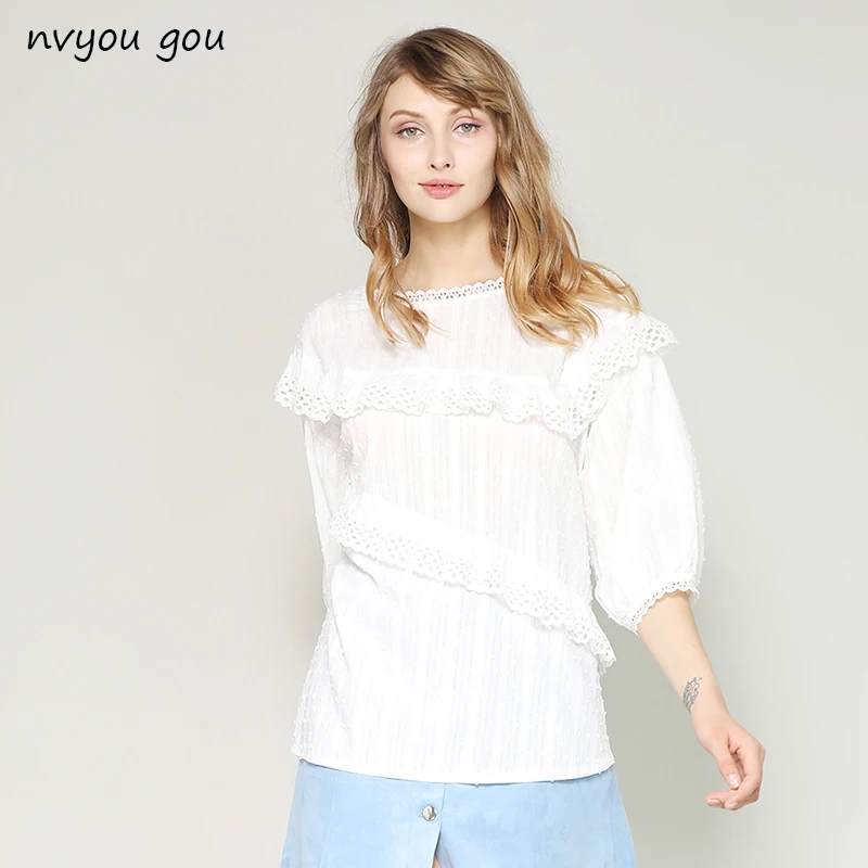 

Женская кружевная блузка nvyou gou, белая Свободная блузка с рукавами-лепестками, круглым вырезом и оборками, Повседневная рубашка, лето 2019