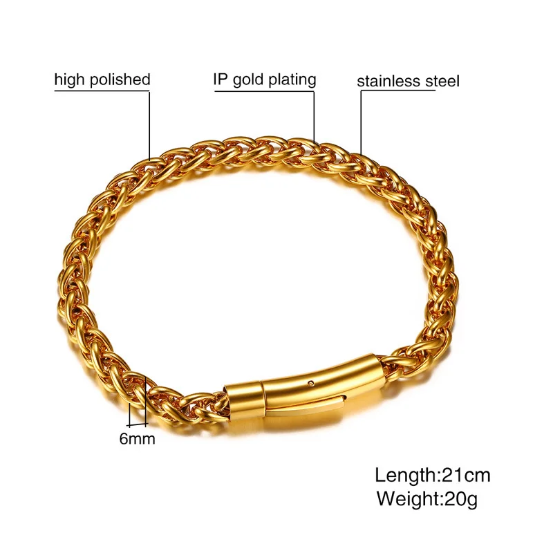 Vnox 6mm Top Quality Stainless Steel Spiga Wheat Chain Link Bracelet for Men Gold Color Closure Punk Hip hop Rocky Male Jewelry
