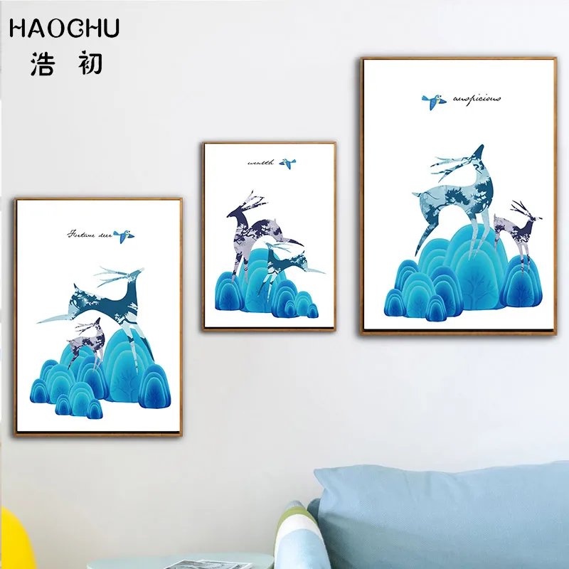 HAOCHU Европейский с голубым облаком и украшение Олень изображение Wall Art Deco