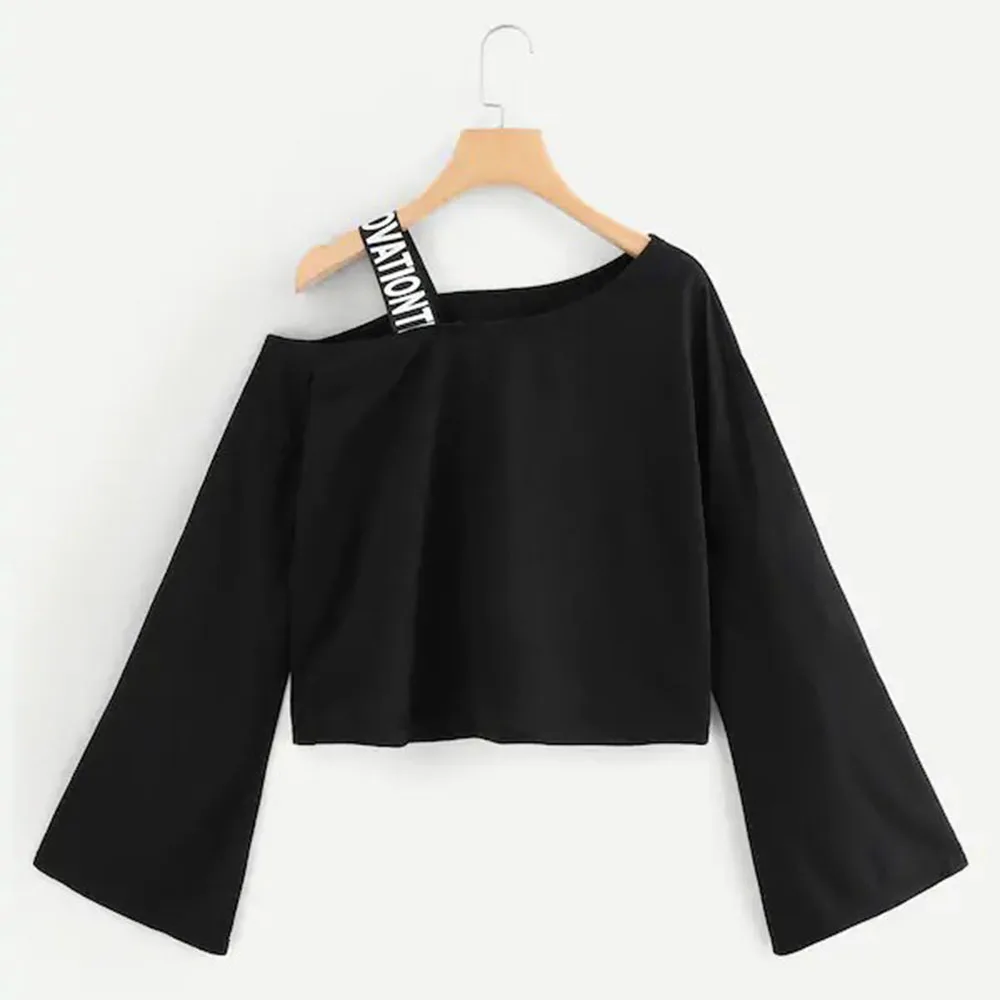 Neatie kiddie модная короткая футболка с открытыми плечами Женская футболка Топы с длинным рукавом с расклешенными лентами блуза со вставкой женская одежда