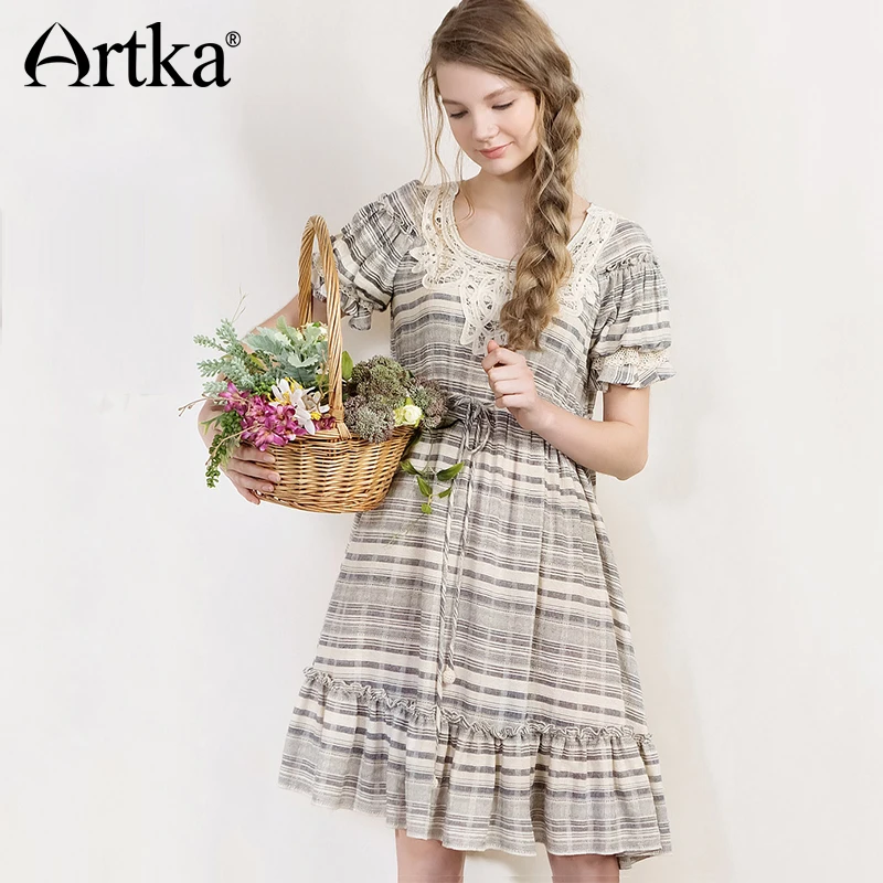 Женское Хлопковое платье трапеция ARTKA свободное клетчатое с круглым вырезом