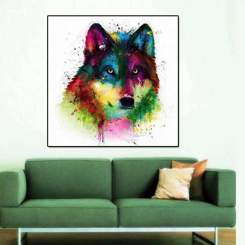 Unframed Modern Abstract Oil Painting Colorful Wolf Head Huge Wall Decor Art On Canvas | Дом и сад