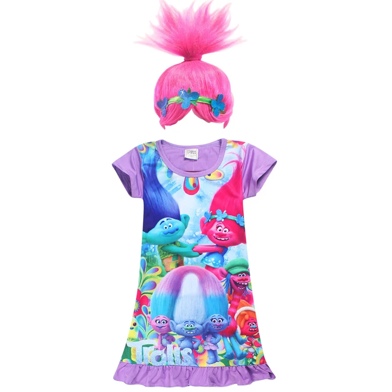 2019 Summer Girl Dress Trolls Clothes Poppy Party new trolls Wig +dresses set Children Costumes For Girls Carnival Kids | Детская одежда