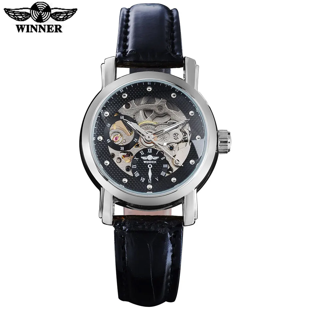 

2016 WINNER famous brand women watch fashion automatic self wind watch skeleton dials transparent glass silver case leather band