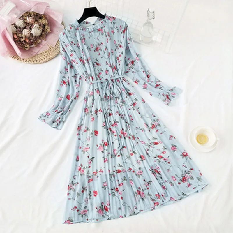 Elegant blue Шифоновое винтажное летнее платье с высокой эластичной талией, ТРАПЕЦИЕВИДНОЕ Стильное женское платье с длинным рукавом и цветочным принтом, узкое платье, 24 цвета, 8 - Цвет: Elegant blue