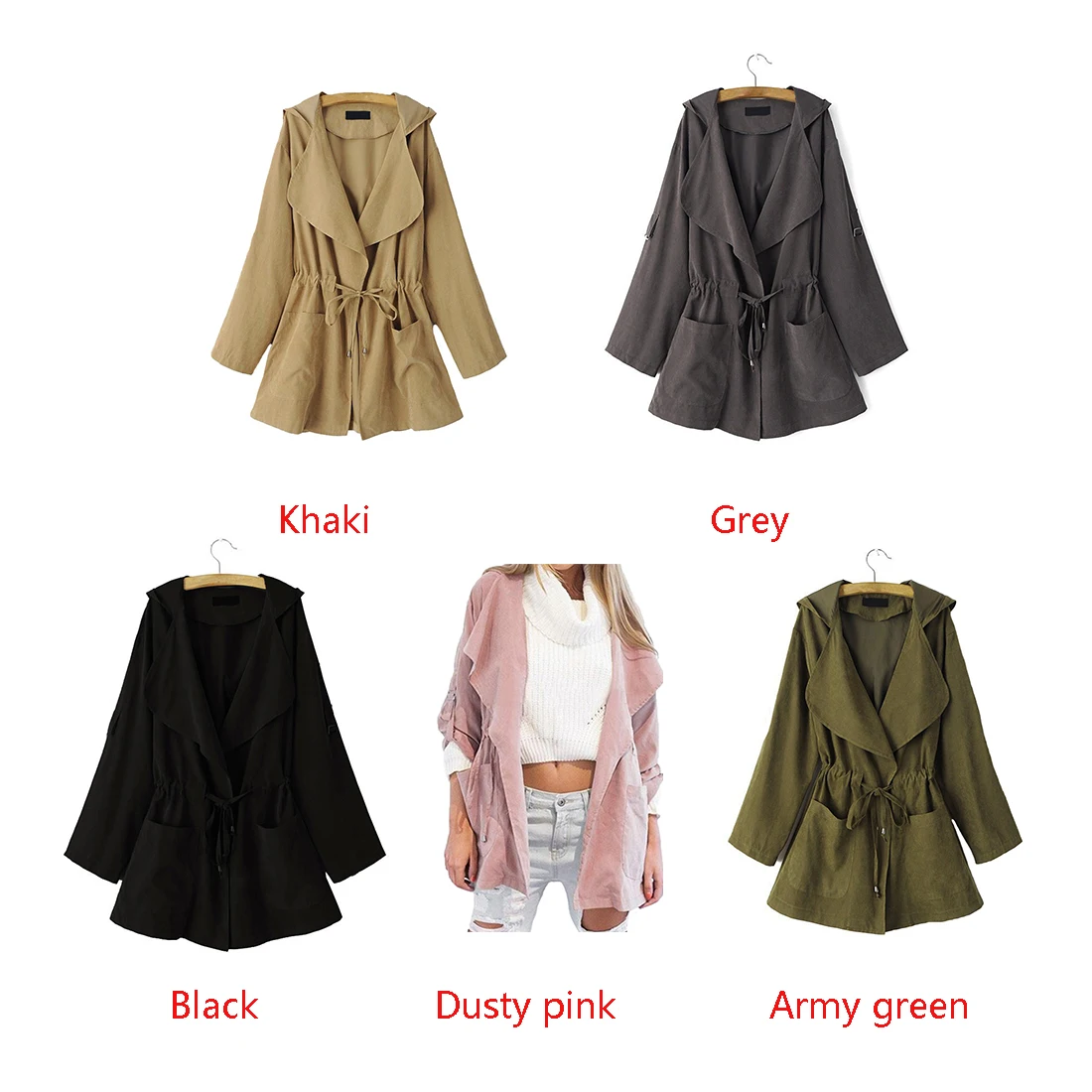 Весна осень Женская мода лацкан Drawstring талия парка ролл-ап рукава Твердые Dost с