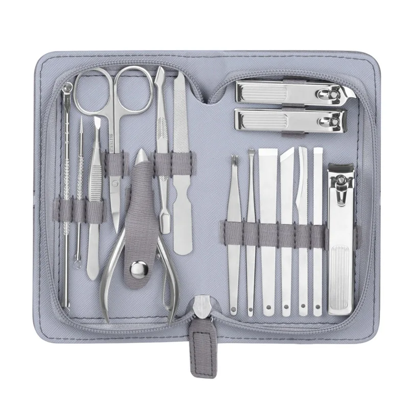 

16 Pcs/lot Stainless Steel Professional Nail Clipper Grooming Kit Manicure Pedicure Suit Tools With Leather Case Nail Tools Set