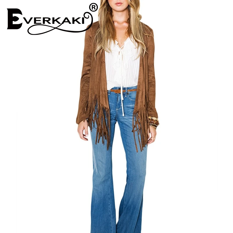 Everkaki Boho замшевое пальто с кисточками из искусственного меха, Женский богемный Кардиган с длинным рукавом, куртка, пальто, верхняя одежда для женщин, Осень-зима