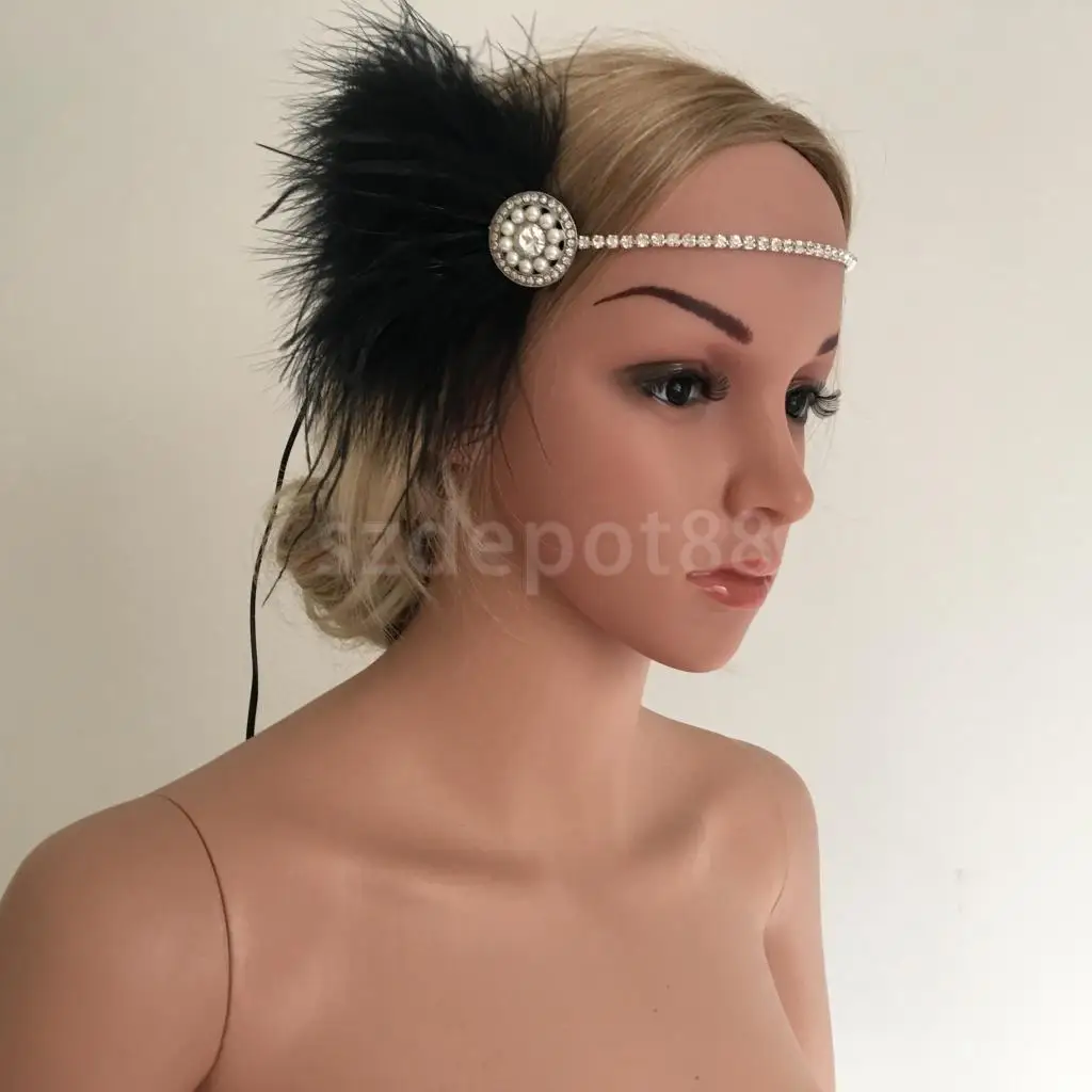 1920s Great Gatsby винтажное черное перо жемчуг стразы цепочка Хлопушка повязка на голову нарядное платье Аскот гоночный головной убор