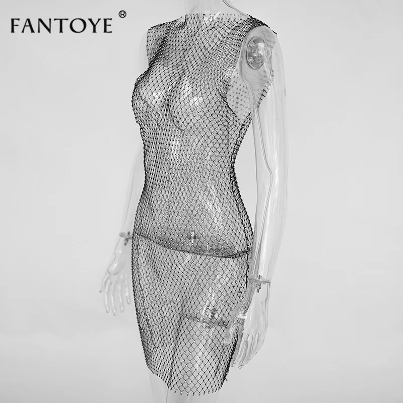 Fantoye, сексуальное платье с кристаллами и бриллиантами, женское, открытые, стразы, облегающее платье, летняя сетчатая пляжная одежда,, вечерние платья